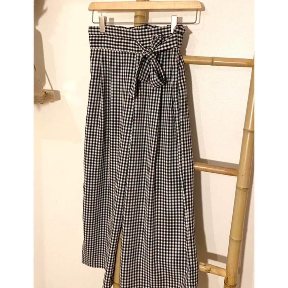 Zara Trafaluc Gingham Paperbag Waist Wide Leg Pants Black White S Fall Work Tie